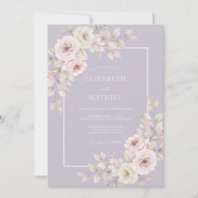 Convites Casamento Romântico Refinado de Lavanda (Frente)