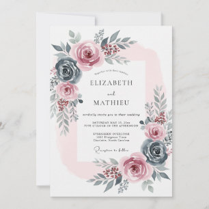 Convites Casamento Romântico Rosa Azul Ardósia