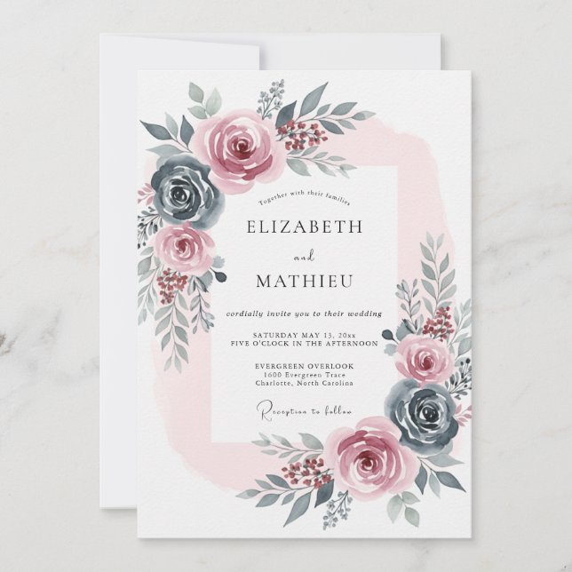 Convites Casamento Romântico Rosa Azul Ardósia (Frente)