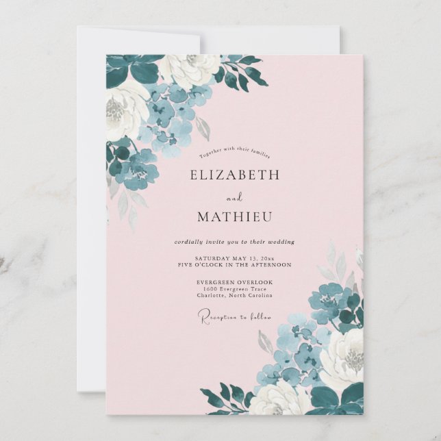 Convites Casamento Romântico Rosa Corado Azul Poento (Frente)