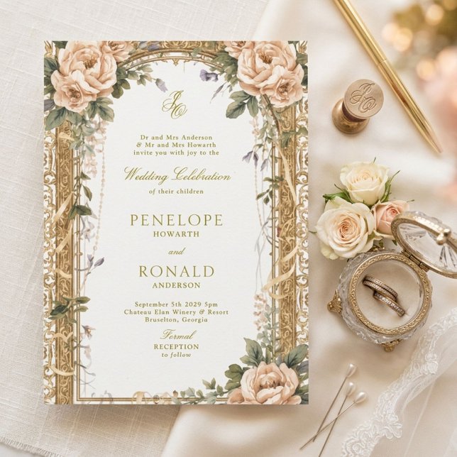 Convites Casamento Romântico Rosa Dourado (Criador carregado)