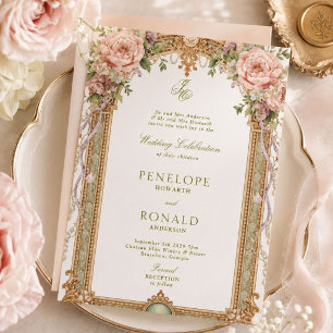 Convites Casamento Romântico Rosa Dourado