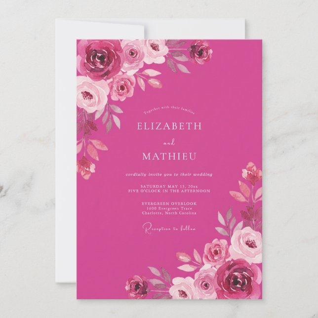 Convites Casamento Romântico Rosa Luxuriante Magenta (Frente)