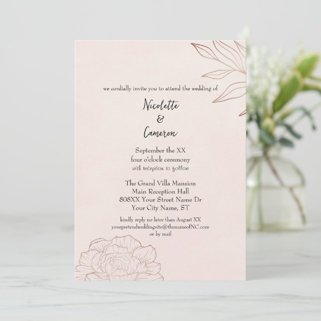 Convites Casamento Romântico Rosa Minimalista Peônia (Em pé/Frente)