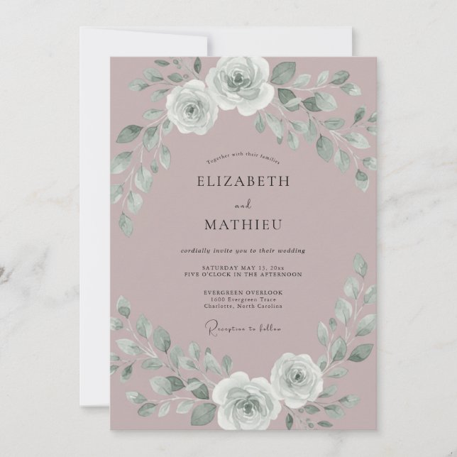 Convites Casamento Romântico Rosa Prateada Malva (Frente)