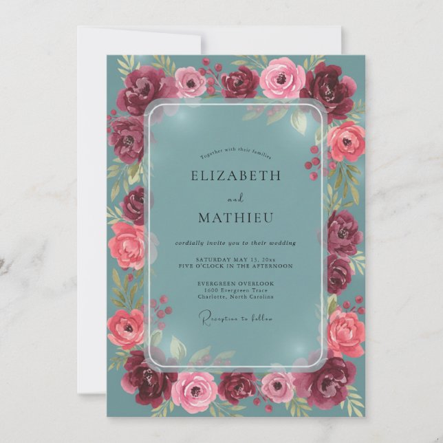 Convites Casamento Romântico Rosa Teal (Frente)