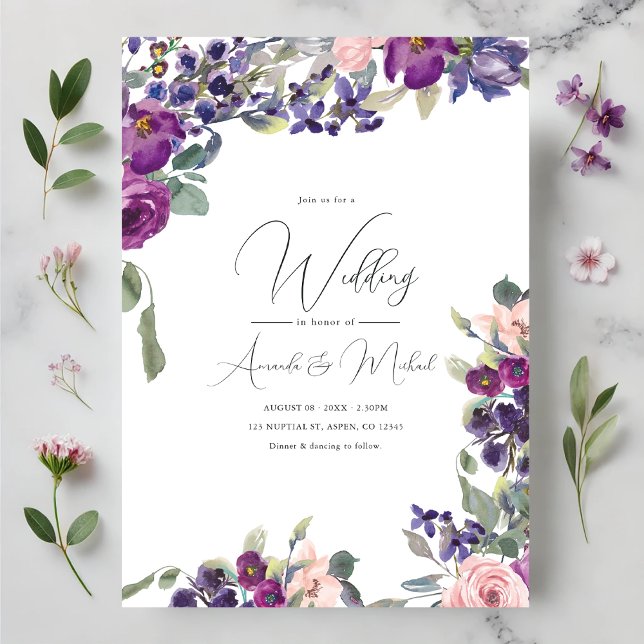 Convites Casamento Romântico Roxo e Floral Rosa (Romantic Purple and Pink Floral Wedding Invitation)