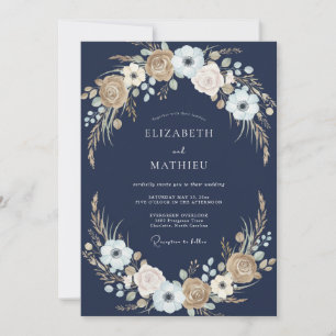 Convites Casamento Romântico Rústico com Floral Azul Marinh