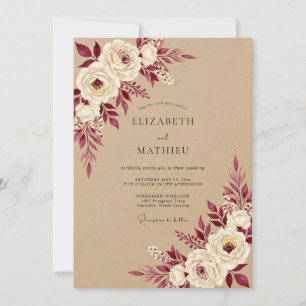 Convites Casamento Romântico Rústico com Floral Borgonha
