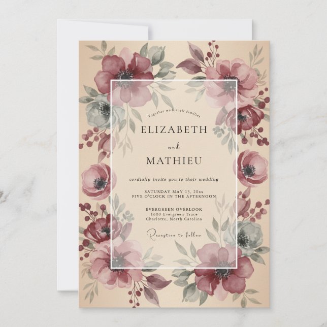 Convites Casamento Romântico Rústico com Floral Marrom (Frente)