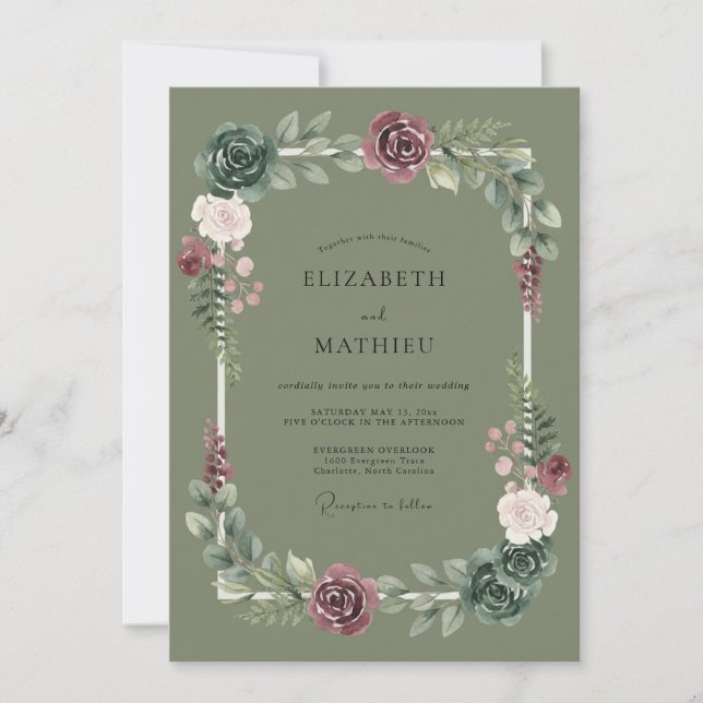 Convites Casamento Romântico Sage Flourish (Frente)
