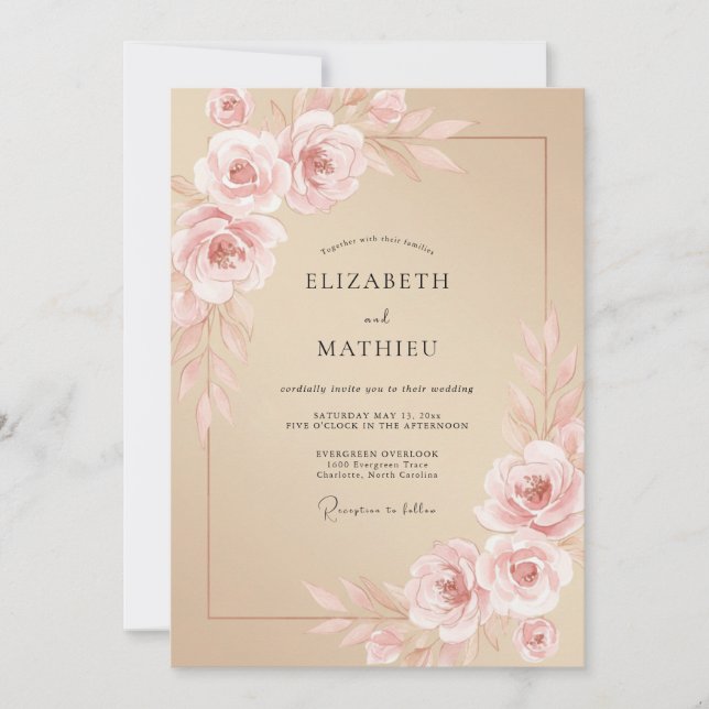 Convites Casamento Romântico Sereno Bege Rosa (Frente)