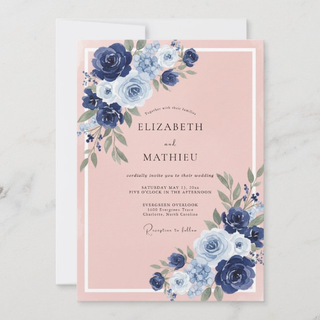 Convites Casamento Romântico Sofisticado da Marinha (Frente)