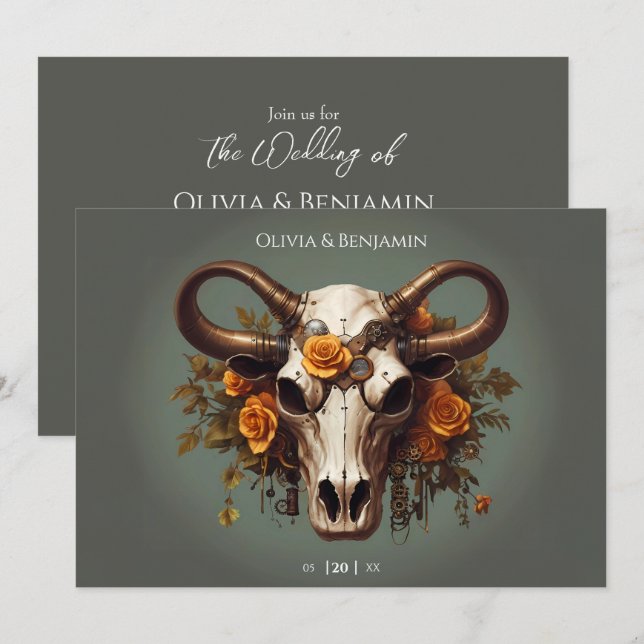 Convites Casamento Romântico Steampunk Floral Cow Skull (Frente/Verso)