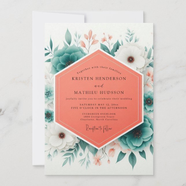 Convites Casamento Romântico Teal Bloom (Frente)