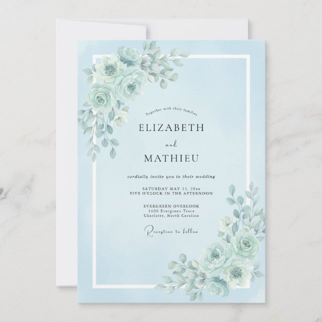 Convites Casamento Romântico Tranquilo Azul Pó (Frente)