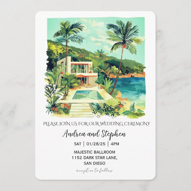 Convites Casamento Romântico Tropical na Ilha (Frente)
