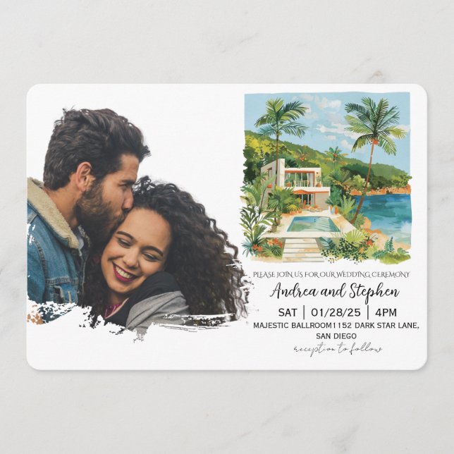 Convites Casamento Romântico Tropical na Ilha (Frente)