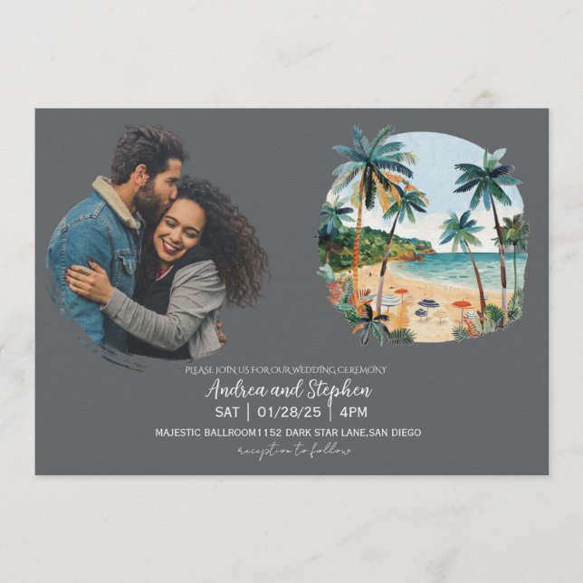 Convites Casamento Romântico Tropical na Ilha (Frente)
