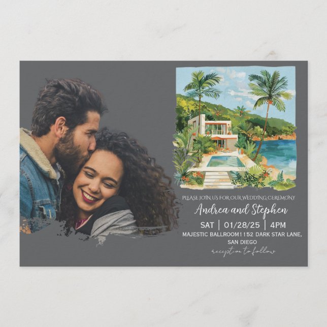 Convites Casamento Romântico Tropical na Ilha (Frente)