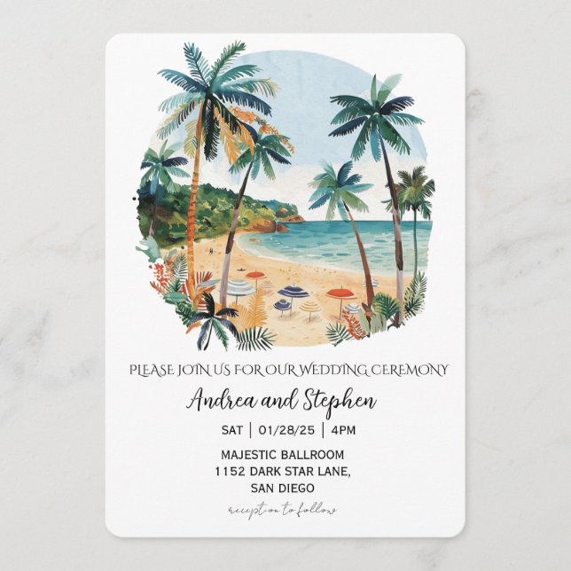 Convites Casamento Romântico Tropical na Ilha (Frente)