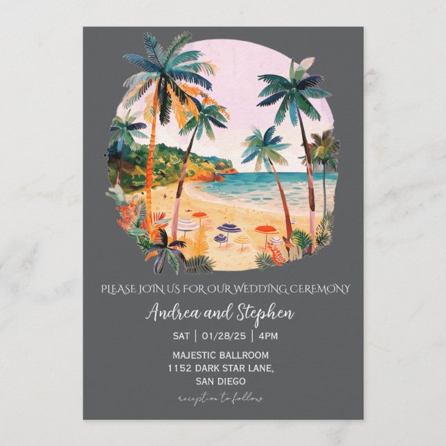 Convites Casamento Romântico Tropical na Ilha (Frente)