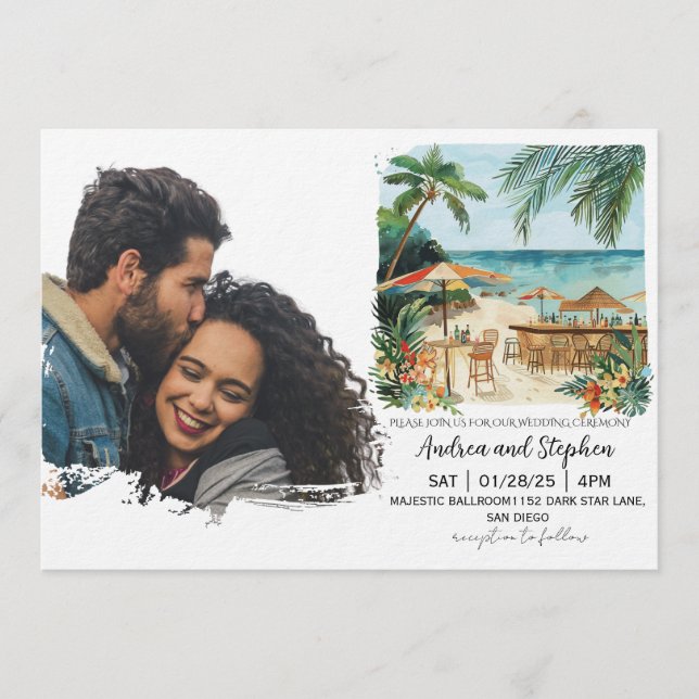 Convites Casamento Romântico Tropical na Ilha (Frente)