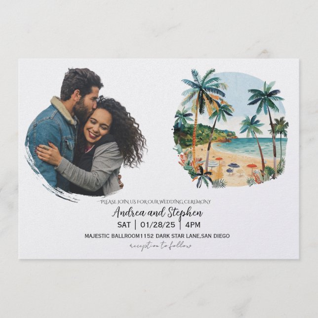 Convites Casamento Romântico Tropical na Ilha (Frente)