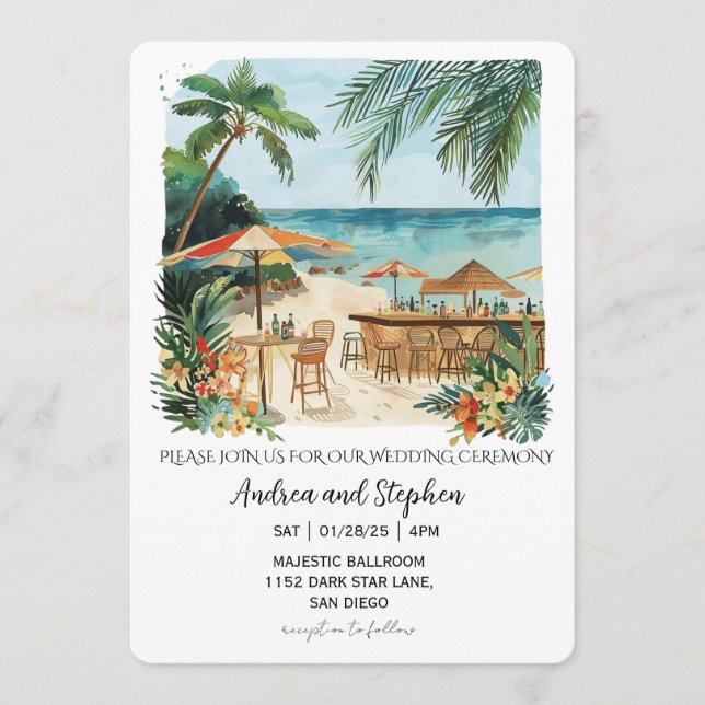 Convites Casamento Romântico Tropical na Ilha (Frente)