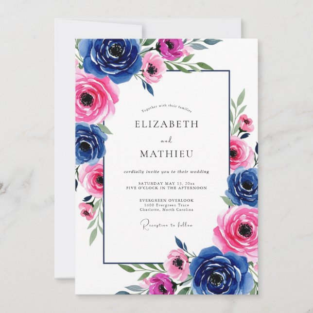 Convites Casamento Romântico Vibrante Azul Real (Frente)