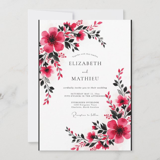 Convites Casamento Romântico Vibrante em Fuchsia (Frente)