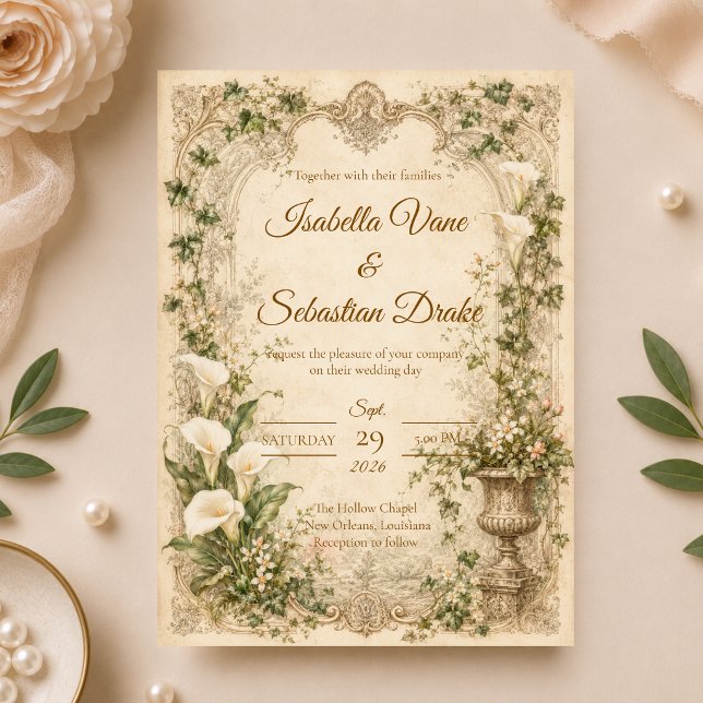 Convites Casamento Romântico Vintage com Copo-de-Leite (Criador carregado)