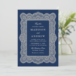 Convites Casamento Romântico Vintage com Renda Naval