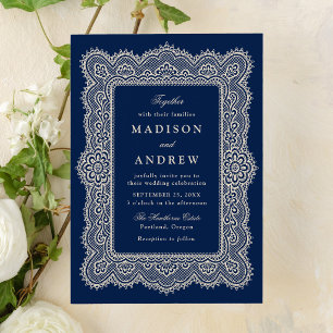 Convites Casamento Romântico Vintage com Renda Naval