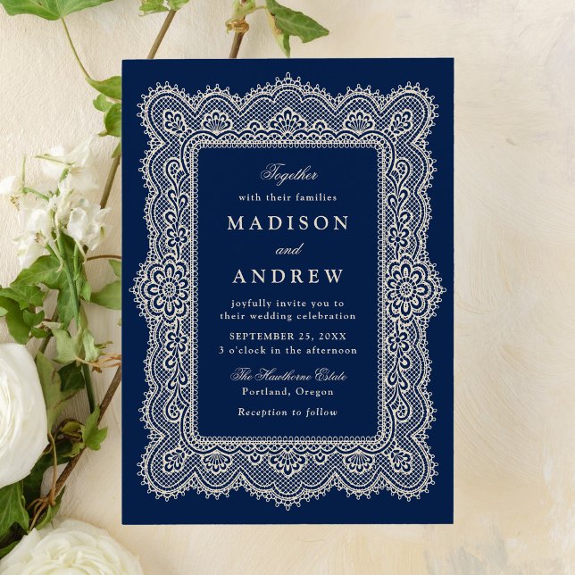 Convites Casamento Romântico Vintage com Renda Naval (Criador carregado)