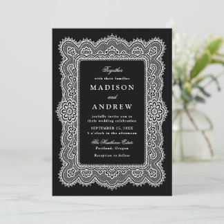 Convites Casamento Romântico Vintage com Renda Preta e Bran