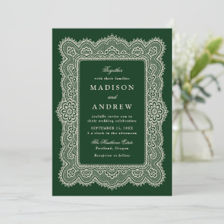 Convites Casamento Romântico Vintage com Renda Verde
