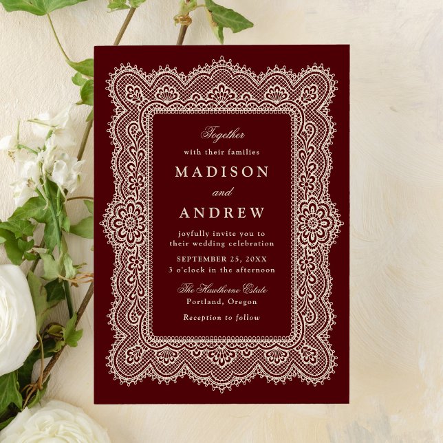 Convites Casamento Romântico Vintage em Renda Burgundy (Criador carregado)