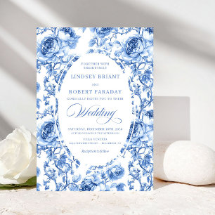Convites Casamento Romântico Vintage Navy Toile de Jouy Ros