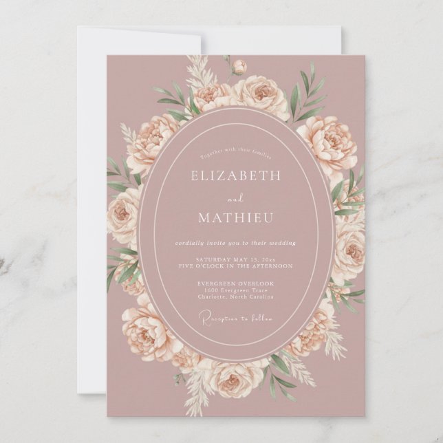 Convites Casamento Romântico Vintage Rosa Empoeirado (Frente)