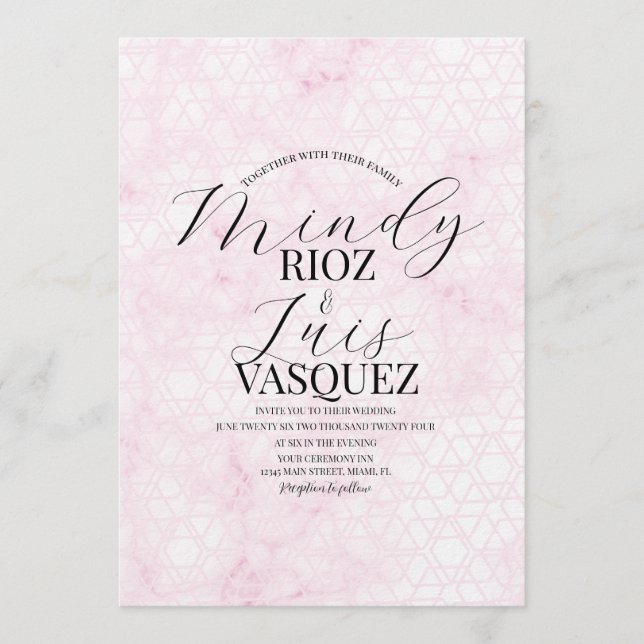 Convites Casamento Rosa Abstrato em Mármore Script Preto  (Frente)