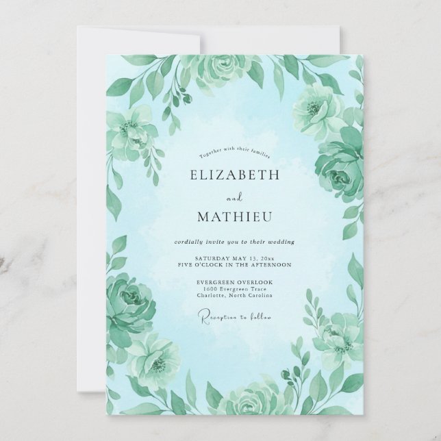 Convites Casamento Rosa Antiga Água Mint (Frente)