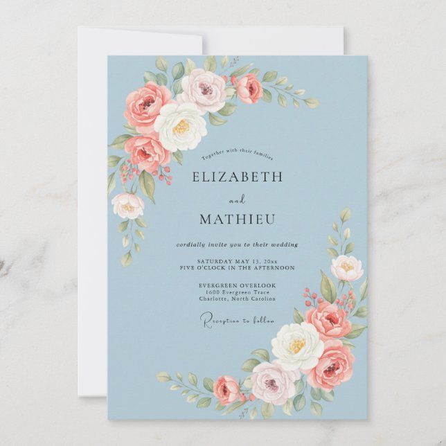 Convites Casamento Rosa Antiga Azul Pó (Frente)