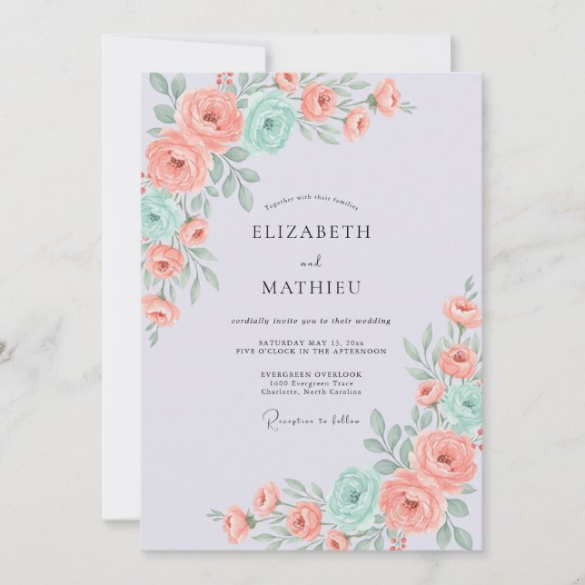 Convites Casamento Rosa Antiga Coral Mint (Frente)