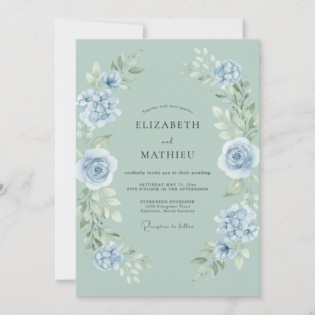 Convites Casamento Rosa Azul Celadon em Pó (Frente)