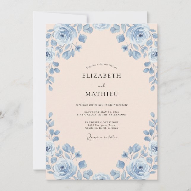 Convites Casamento Rosa Azul Champagne (Frente)