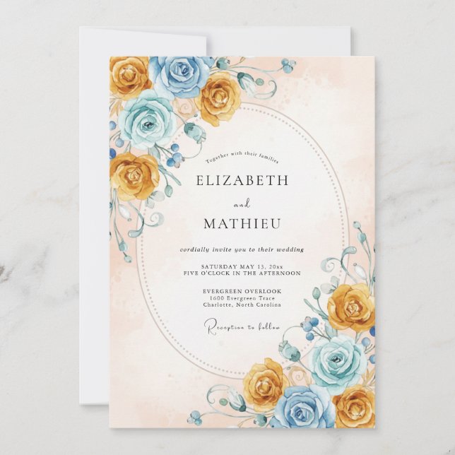 Convites Casamento Rosa Azul Claro Mel (Frente)