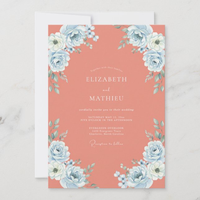 Convites Casamento Rosa Azul Coral (Frente)