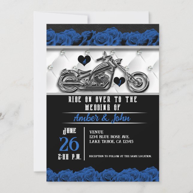 Convites Casamento Rosa Azul Couro Motoqueiro Motocicleta  (Frente)