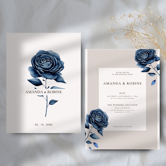 Convites Casamento Rosa Azul Elegante (Criador carregado)